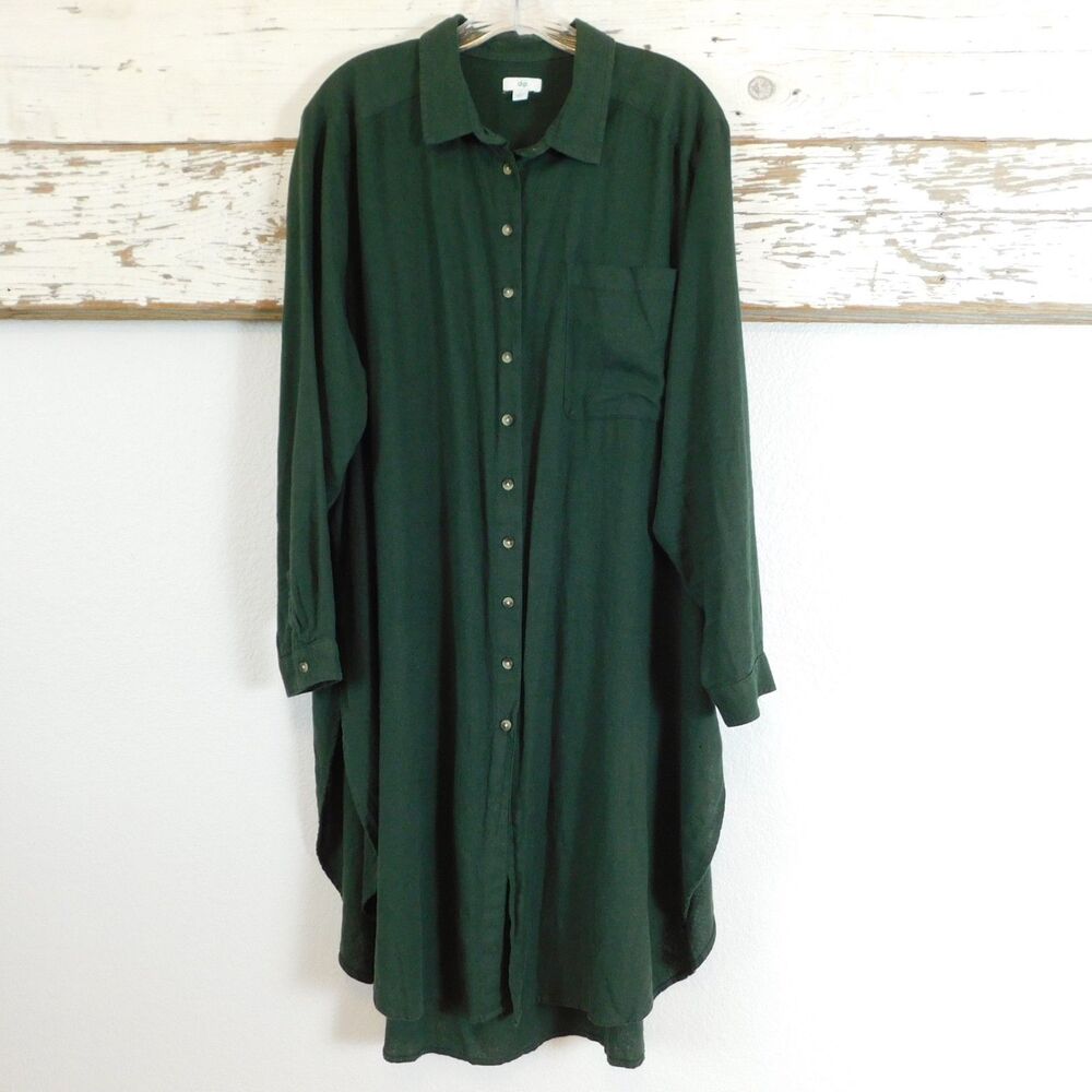 Dip Cardigan Duster Linen Blend Green Womens 1X Lagenlook Button Front Flowing